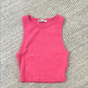 Zara Pink Cropped Tank Top with High Neckline